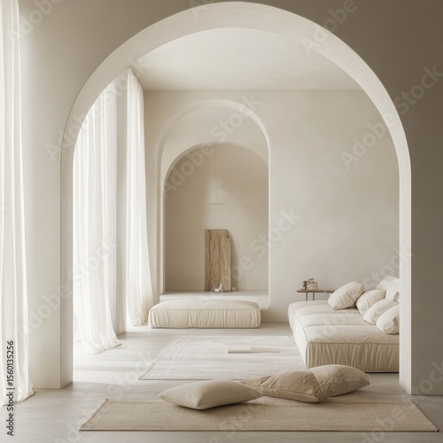 Interior view of a room with arches, cushions, and a couch in a minimalist design style