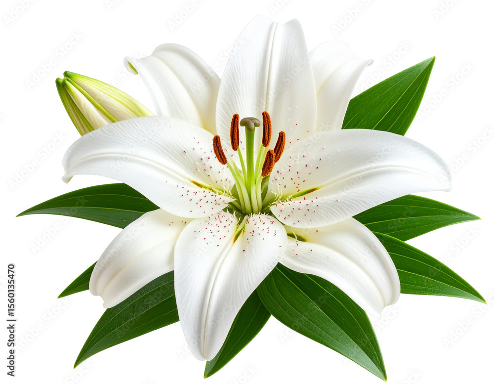 Fototapeta premium White Lily Flower with Dew Drops and Green Leaves, isolated on a transparent background