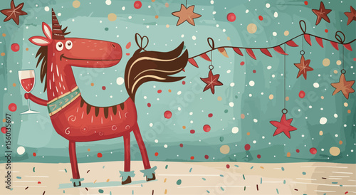 vector red fire horse, festive mood, holding drink, celebrating with stars and confetti