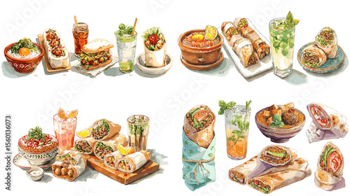 Watercolor illustration of Mediterranean dishes, wraps, hummus, and refreshing drinks served with herbs, yogurt sauce, and colorful side items.

