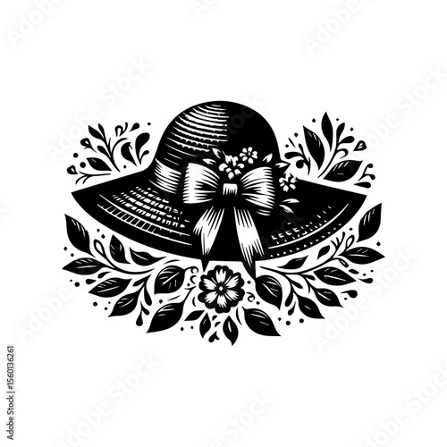 Ornate black and white illustration of a wide-brimmed hat adorned with floral and leaf designs.