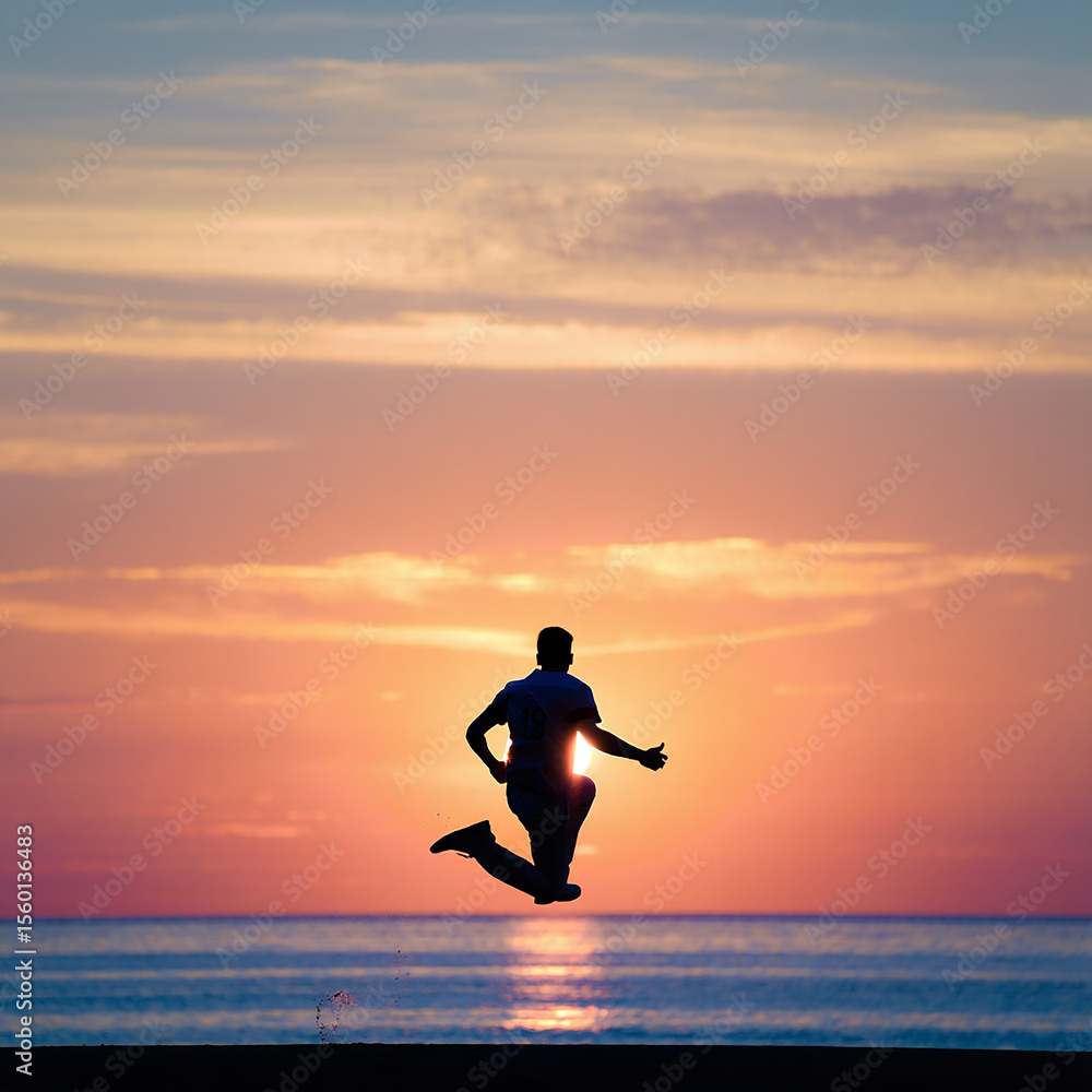 Joyful silhouette of a man jumping with thumbs up at sunset on the beach Joyful silhouette of a man jumping with thumbs up at sunset on the beach