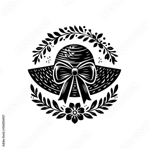Vintage style illustration of a wide-brimmed hat, framed by floral and leaf design.