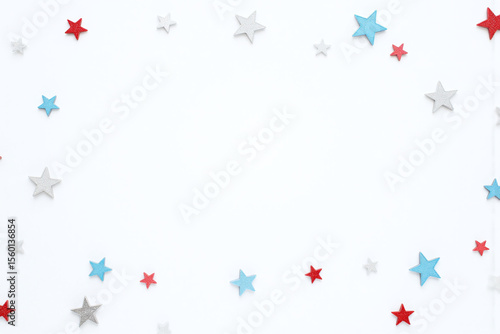 bunch of red white and blue stars flying in the air