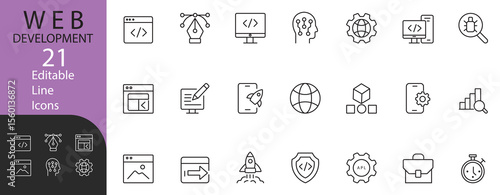 Modern editable thin‑line icon set of 21 web development & SEO symbols – including code, browser, globe, rocket, gear & magnifier – perfect for apps, sites & dashboards.