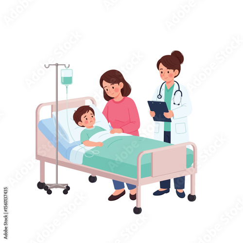 Concerned mother and doctor attending to a sick child resting in a hospital bed.