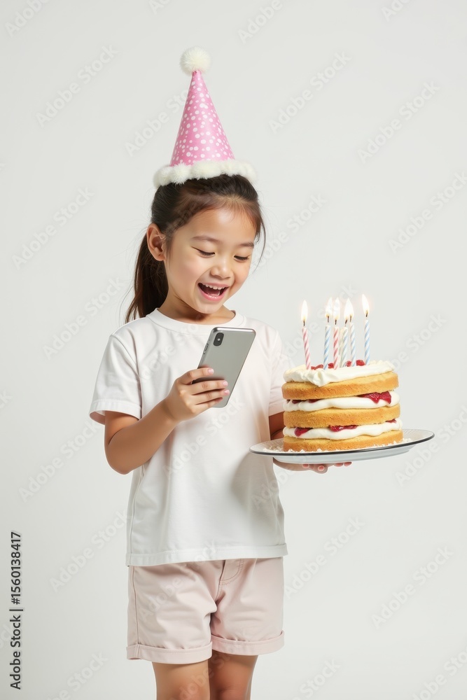 A white girl with a party hat stands against a plain background, holding a birthday cake with candles on a plate in one hand and a smartphone in the other. She looks at the phone, celebrating A white girl with a party hat stands against a plain background, holding a birthday cake with candles on a plate in one hand and a smartphone in the other. She looks at the phone, celebrating