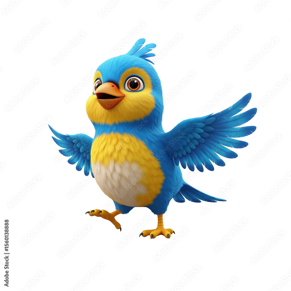 Naklejka premium Enchanting azure avian illustration, playful animated character on a stark backdrop