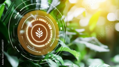 Holographic plant symbol overlaid on green foliage.
