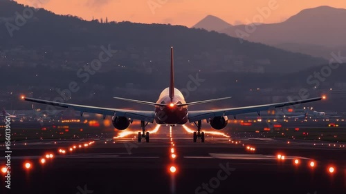 Airplane landing on runway at sunset