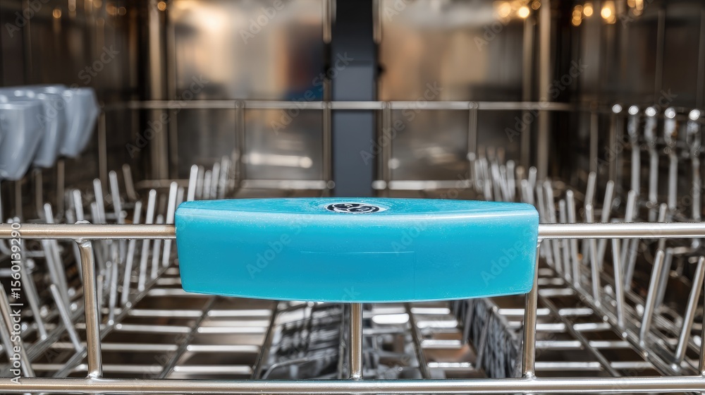 Fototapeta premium Detergent tray open with cleaning tab inserted, close-up on dishwasher door panel