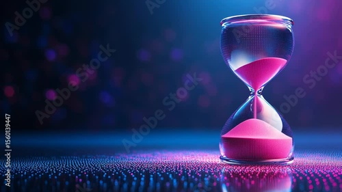 Hourglass with pink sand against a dark background with bokeh lights.
