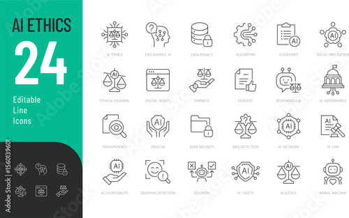 Ai ethics Editable Icons set. Vector illustration in modern thin line style of technology related icons: fairness, transparency, data privacy, and more. Isolated on transparent background.