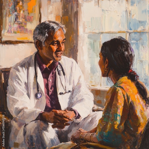 A doctor in a white coat talking to a patient in a yellow shirt in front of a window in a painting