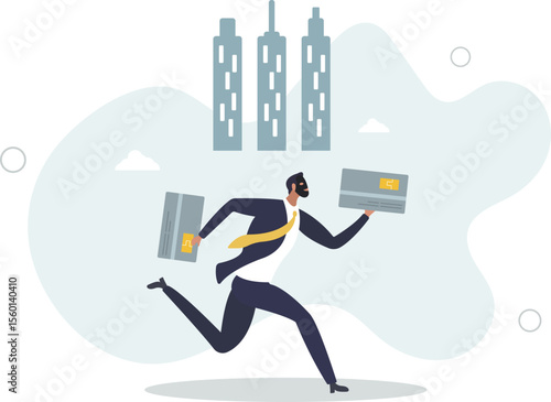 Credit card theft .man stealing personal data and identity in bank, criminal running down city. character life .