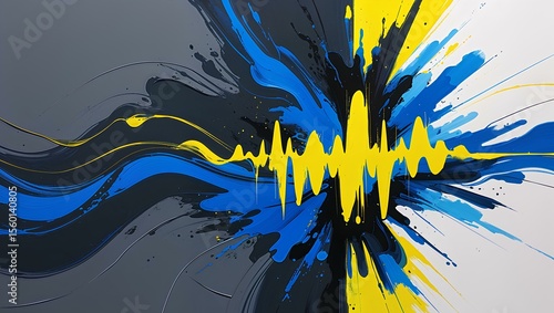An elegantly bold abstract design featuring dark grey, white, neon yellow, and bright sky blue, each color enhancing the other in perfect harmony 