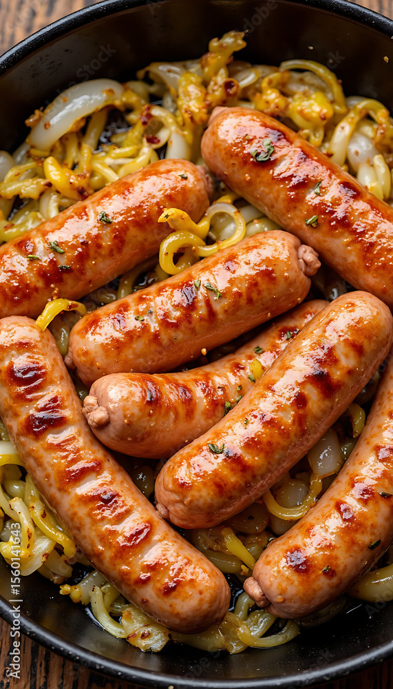 Grilled sausages with caramelized onions in skillet on rustic wooden table with copy space
Grilled sausages with caramelized onions in skillet on rustic wooden table with copy space