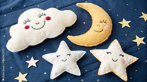 Adorable plush celestial friends including a cloud crescent moon and stars rest on a dark blue starry background