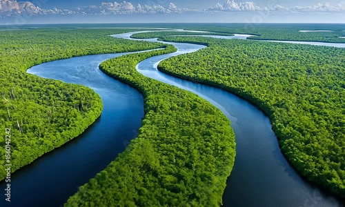 Winding river through lush green forest