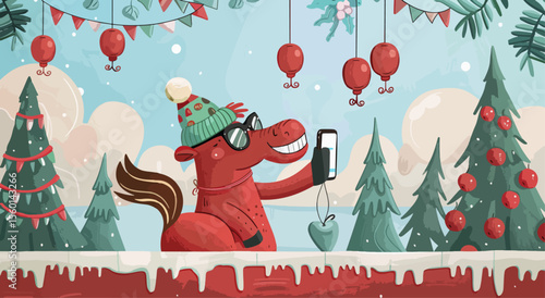 vector postcard, cheerful horse taking selfie, festive winter background with decorations