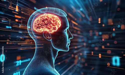 Digital human head with glowing brain and circuit background