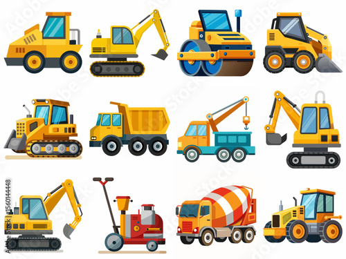 Construction equipment set including various yellow vehicles  
