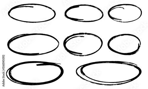 Nine handdrawn black border circles set. Vector illustration