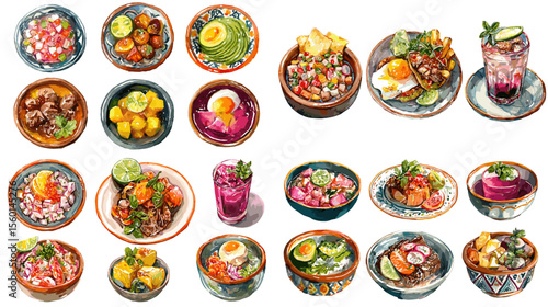 Vibrant watercolor illustrations of Mexican dishes and drinks including tacos, pozole, ceviche, and aguas frescas, served in decorative bowls and glasses.

