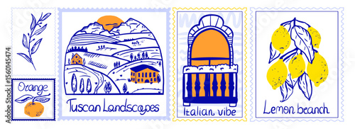 Italian postage stamps in hand-drawn style. Travel set of blue art cards. Set of stamps with Tuscan landscape, balcony, citrus and olive branch