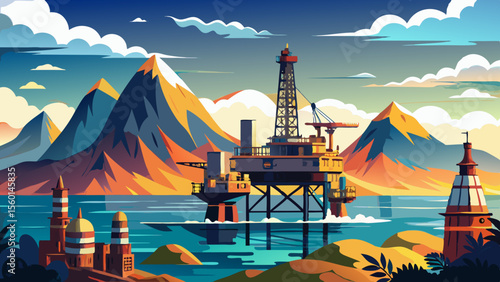 An impressive oil platform rises from the waters of Guanabara Bay, framed by distant mountains and ocean mist. This industrial marvel stands as a symbol of energy, engineering, and maritime strength.