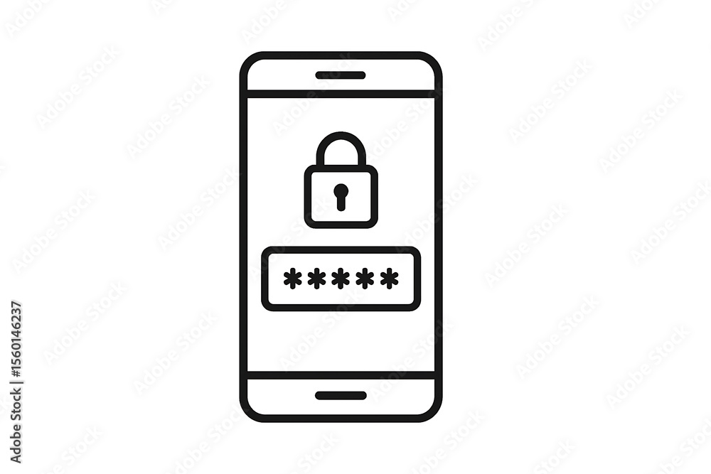 Minimalist black and white digital illustration of smartphone with password entry interface and lock icon, representing cybersecurity, secure login, and data protection, Otp sms password icon Line
Minimalist black and white digital illustration of smartphone with password entry interface and lock icon, representing cybersecurity, secure login, and data protection, Otp sms password icon Line