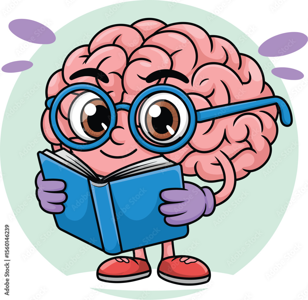 Cartoon brain reading book with glasses illustration for education and learning concept vector design 100 Cartoon brain reading book with glasses illustration for education and learning concept vector design 100