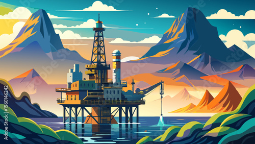 An impressive oil platform rises from the waters of Guanabara Bay, framed by distant mountains and ocean mist. This industrial marvel stands as a symbol of energy, engineering, and maritime strength.