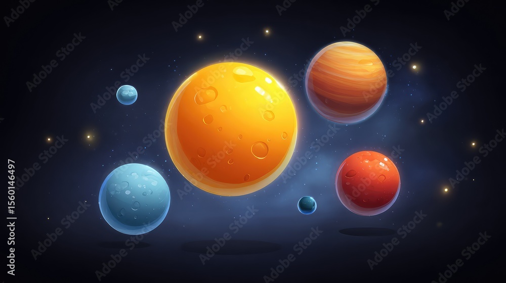 Fototapeta premium Colorful and Vivid Cartoon Planets Floating in a Cosmic Space Scene with Stars and a Dark Background for Creative Illustrations and Educational Use