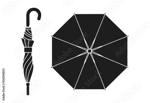 Black silhouette of an open umbrella and a closed umbrella on a white background