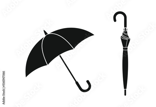 Two black silhouette umbrellas one open and one closed on a white background