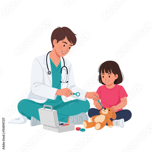 A doctor examines a child with a teddy bear, providing pediatric care.