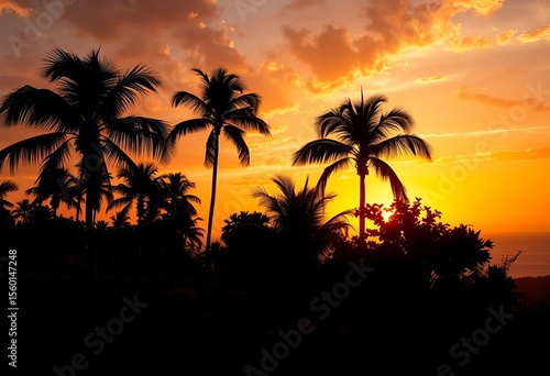 Silhouette of palm trees, lush foliage, and flowers against a sunset ,  summer,  paradise found