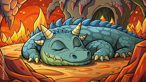 fiery cave glowing with molten lava, where a massive sleeping dragon rests among scorched rocks and smoke-filled shadows deep underground