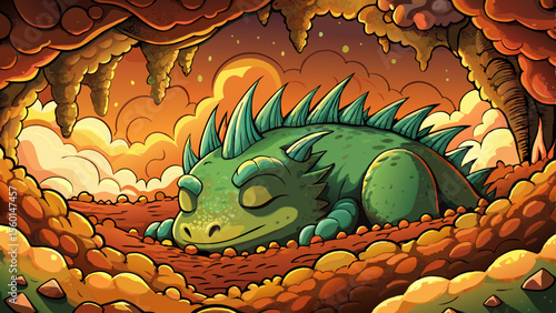 fiery cave glowing with molten lava, where a massive sleeping dragon rests among scorched rocks and smoke-filled shadows deep underground