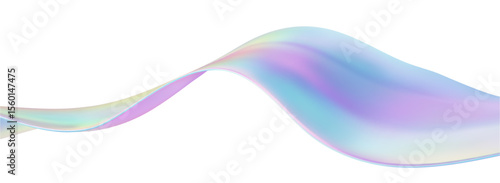 3D Iridescent abstract wave liquid background with glass ribbon fluid shapes. Blue gradient holographic elements create iridescent flow and soft texture. Smooth flowing design on white background