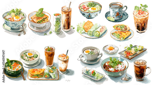 Watercolor illustration of Vietnamese dishes and drinks including pho, spring rolls, coffee, and egg dishes served with herbs on ceramic plates.

