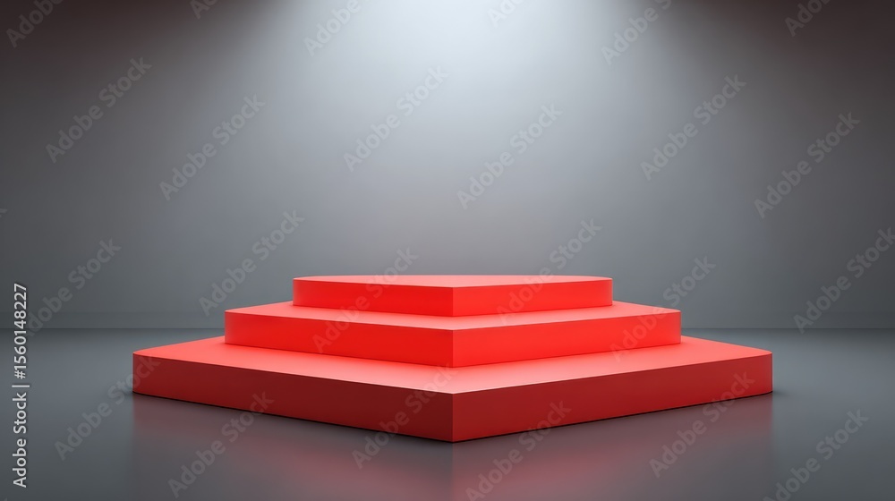Obraz premium Vibrant Red Geometric Pedestal with Soft Spotlight in Minimalist Gallery Setting for Modern Art Displays and Product Presentations