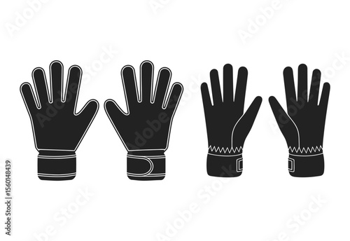Set of four black silhouette gloves with white outlines on a white background
