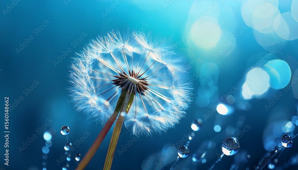 Obraz premium beautiful dandelion in droplets of water on blue and turquoise background drops of dew sparkle on dandelion in rays of light ai generative