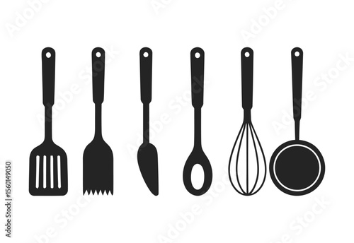 Collection of black silhouette kitchen utensils on a white background