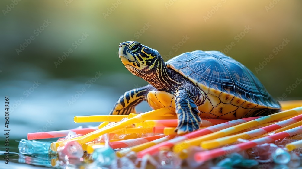 Fototapeta premium Turtle floats on plastic straws in a polluted river environment. Illustrates the devastating impact of pollution on aquatic wildlife.