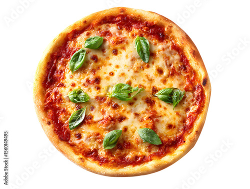 Top View of Margherita Pizza with Basil Leaves on White Background