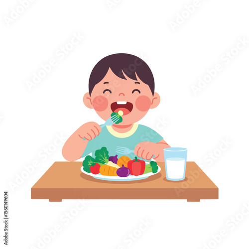 Happy child enjoys a healthy meal of vegetables and milk.