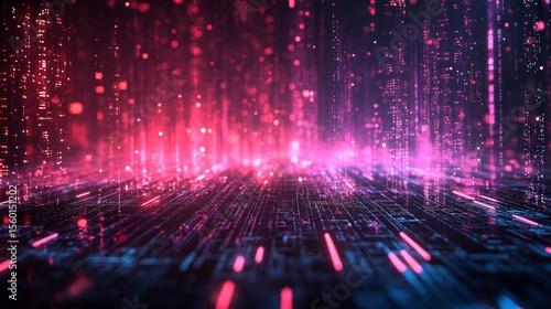 Vibrant digital landscape with pink and red light streaks against a dark blue grid in a modern design.